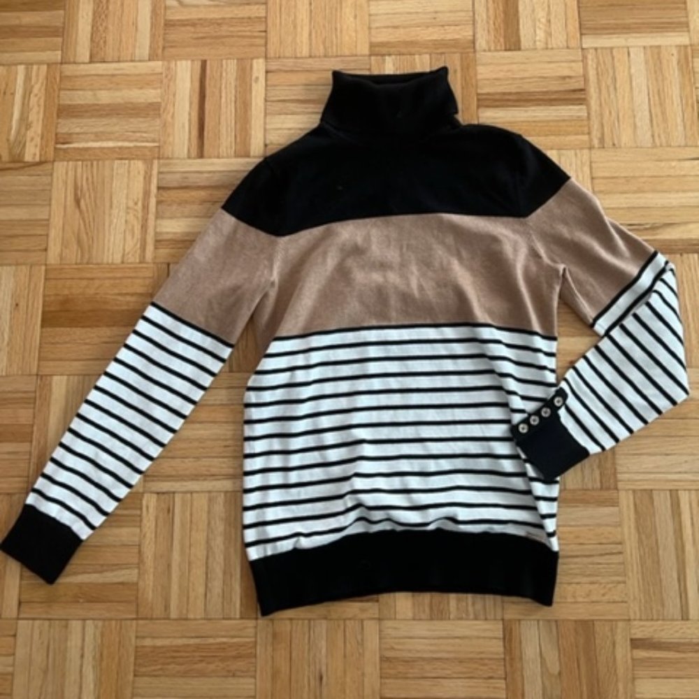 NWT TOMMY HILFIGER Turtleneck Sweater M Striped Black Beige White Stretch Knit